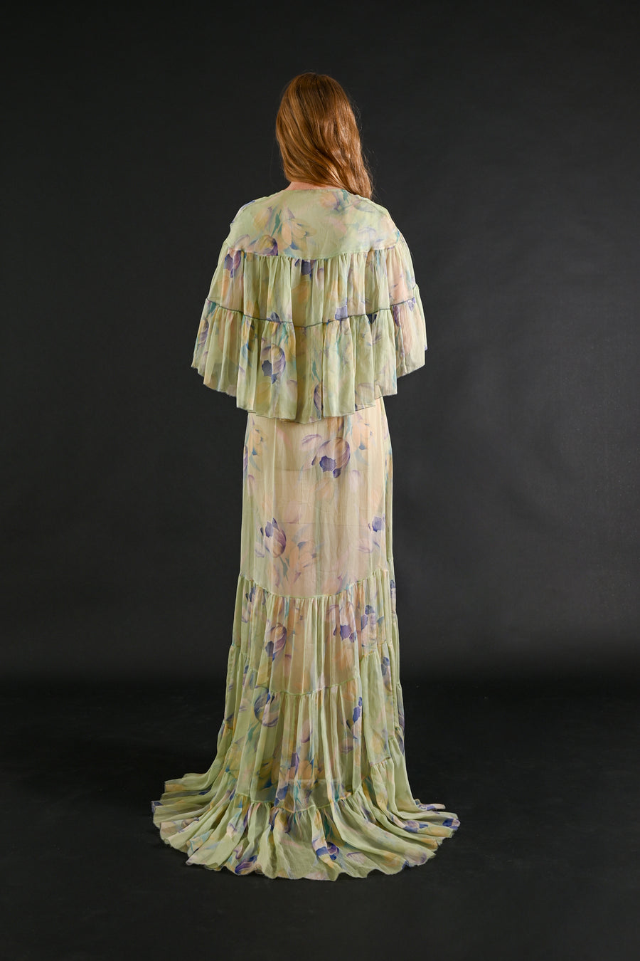 1930s Celadon Floral Silk Chiffon Gown Set [xs/sm/med]