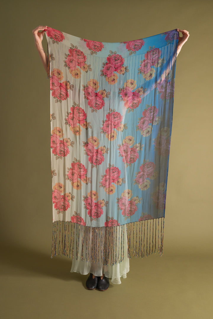 1920s Vibrant Ombré Floral Silk Chiffon Shawl