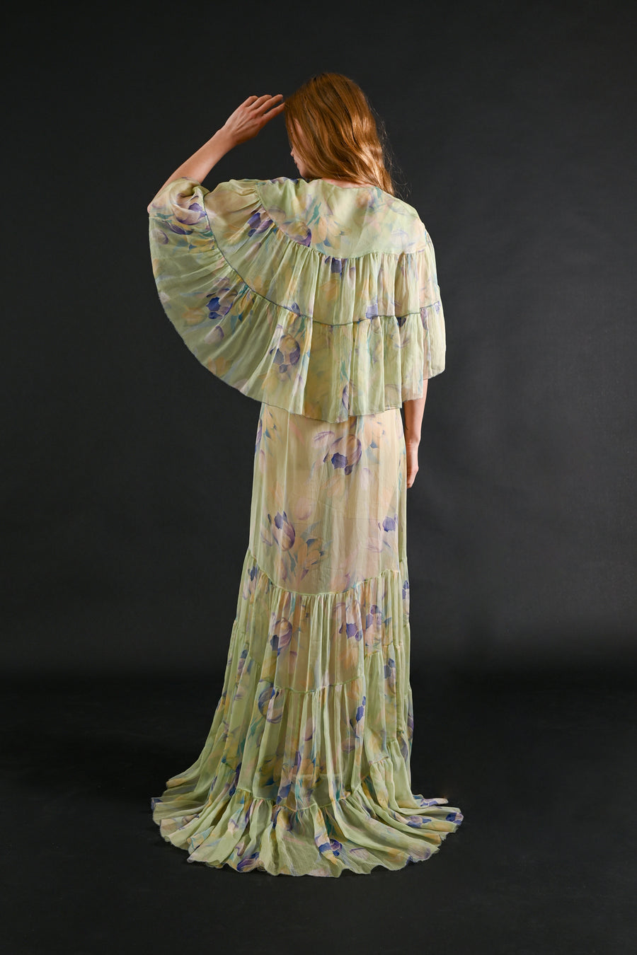 1930s Celadon Floral Silk Chiffon Gown Set [xs/sm/med]