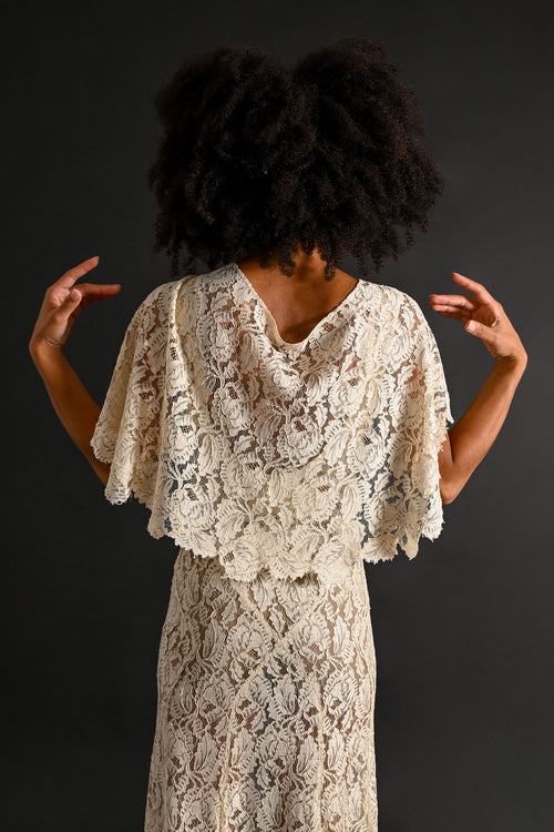 1930s Silk Lace Gown + Cape Bridal Ensemble [xs/sm/med]
