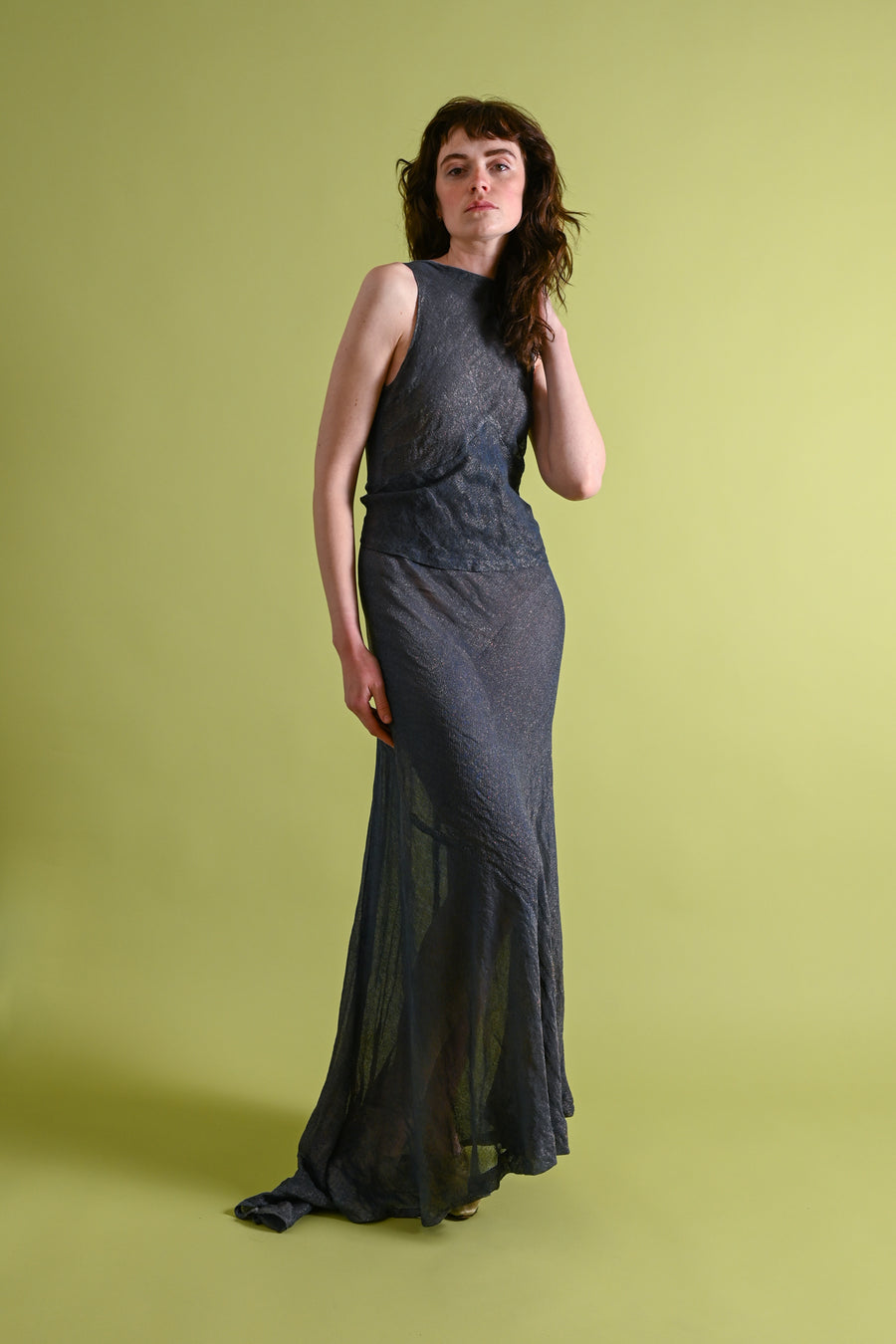 1930s Midnight Blue Gold Lamé Trained Gown [xs/sm]