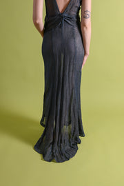 1930s Midnight Blue Gold Lamé Trained Gown [xs/sm]