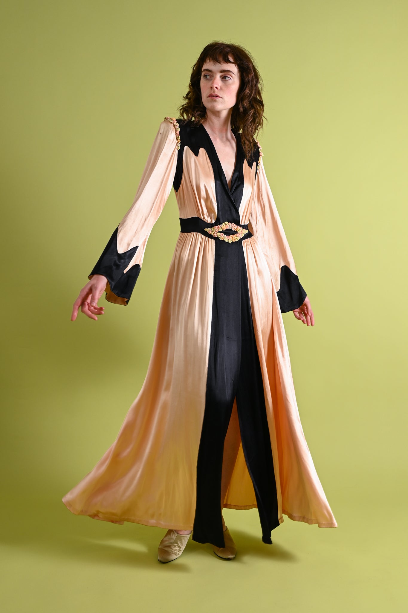 1930s Pink + Black Dressing Gown with Silk Ribbonwork Florals [xs/sm]