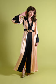 1930s Pink + Black Dressing Gown with Silk Ribbonwork Florals [xs/sm]