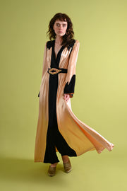 1930s Pink + Black Dressing Gown with Silk Ribbonwork Florals [xs/sm]