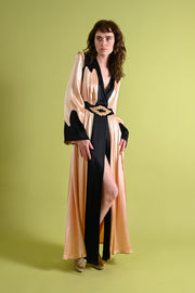 1930s Pink + Black Dressing Gown with Silk Ribbonwork Florals [xs/sm]