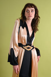 1930s Pink + Black Dressing Gown with Silk Ribbonwork Florals [xs/sm]