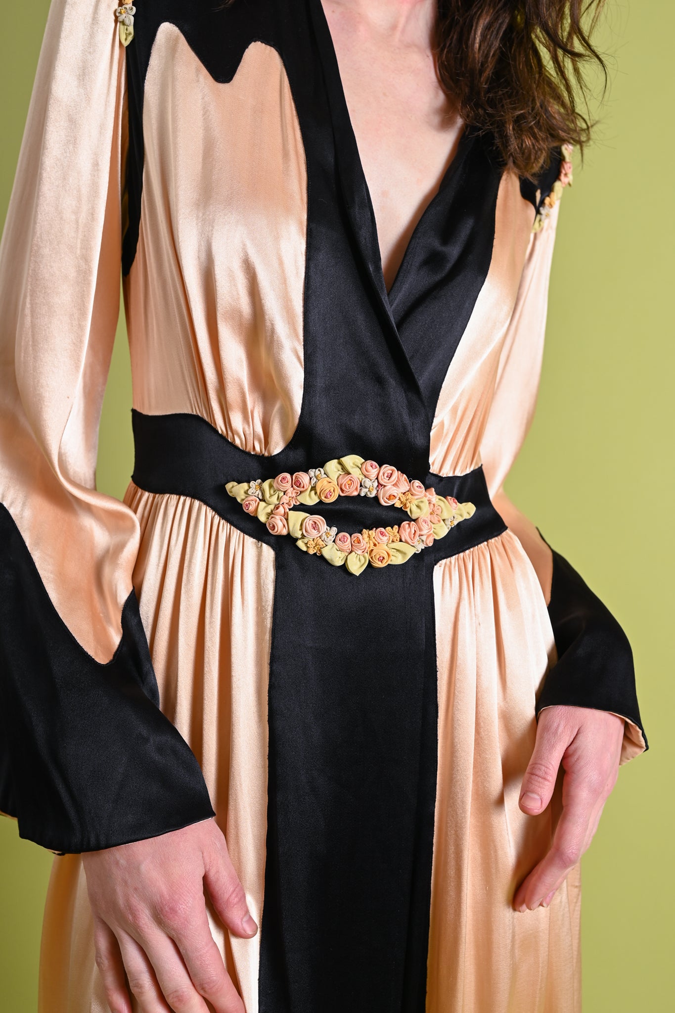 1930s Pink + Black Dressing Gown with Silk Ribbonwork Florals [xs/sm]