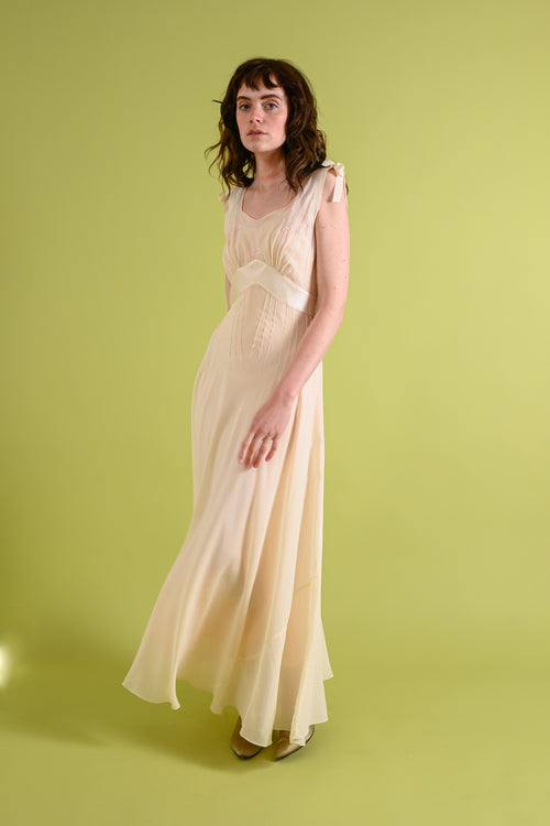 1930s Silk Chiffon Gown with Bow Embroidery [xs/sm]
