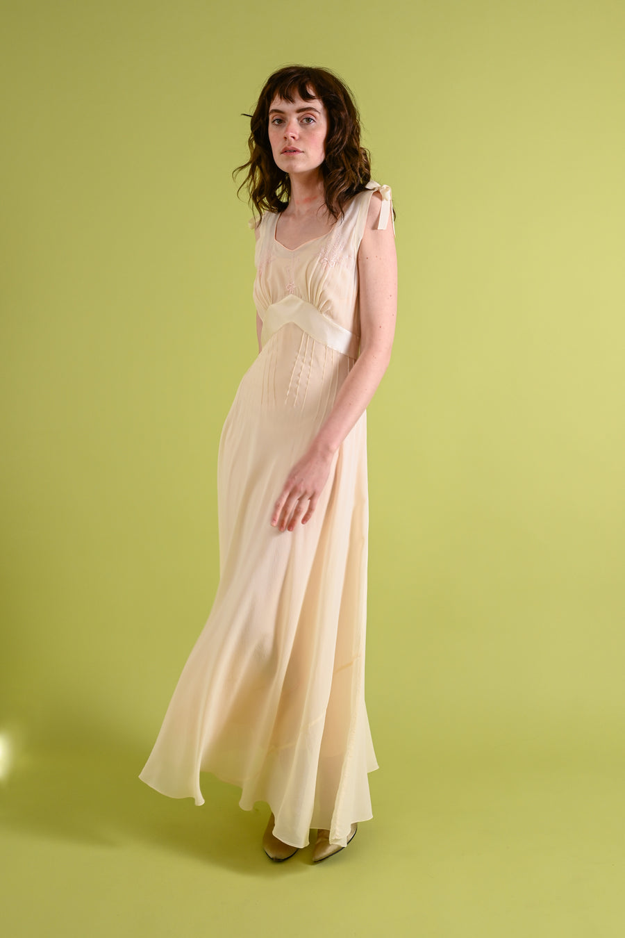 1930s Silk Chiffon Gown with Bow Embroidery [xs/sm]