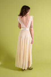 1930s Silk Chiffon Gown with Bow Embroidery [xs/sm]