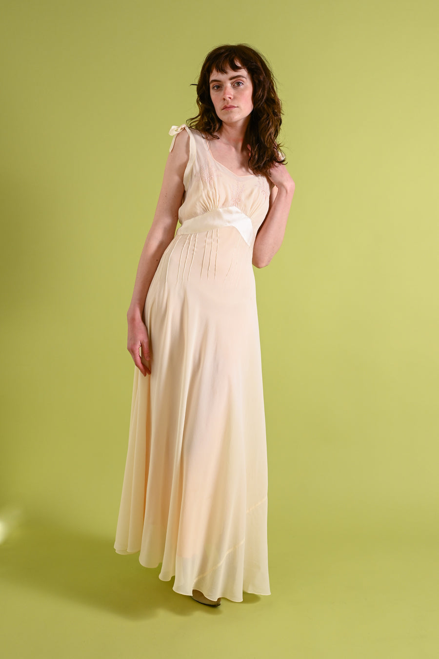 1930s Silk Chiffon Gown with Bow Embroidery [xs/sm]