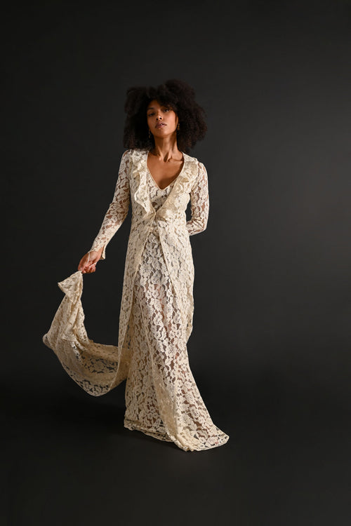 1930s Ivory Lace Gown and Trained Jacket Bridal Ensemble [xs/sm]