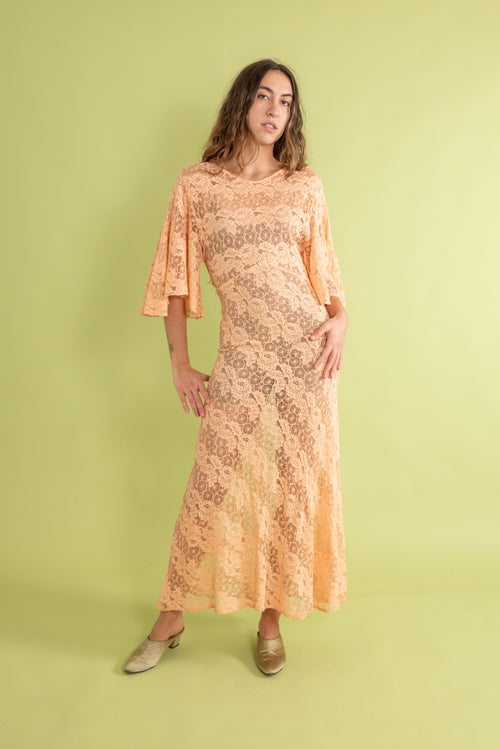 1930s Tangerine Spiderweb Lace Bias Gown [sm/med]