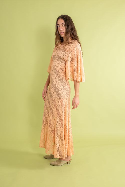 1930s Tangerine Spiderweb Lace Bias Gown [sm/med]