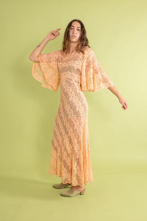 1930s Tangerine Spiderweb Lace Bias Gown [sm/med]