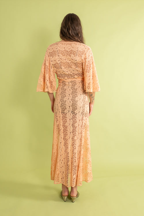 1930s Tangerine Spiderweb Lace Bias Gown [sm/med]