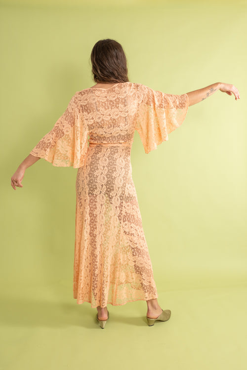1930s Tangerine Spiderweb Lace Bias Gown [sm/med]