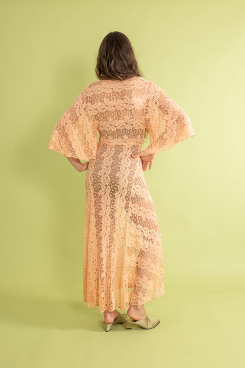 1930s Tangerine Spiderweb Lace Bias Gown [sm/med]