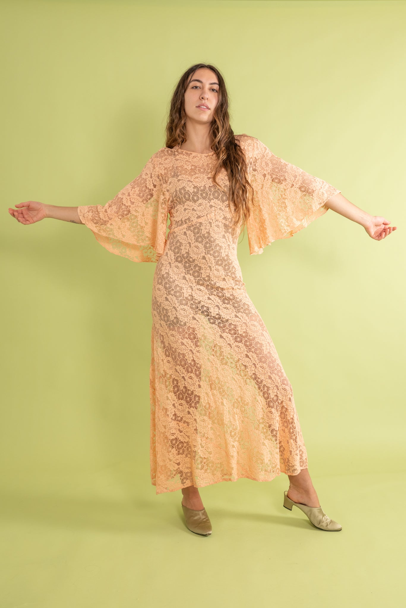 1930s Tangerine Spiderweb Lace Bias Gown [sm/med]