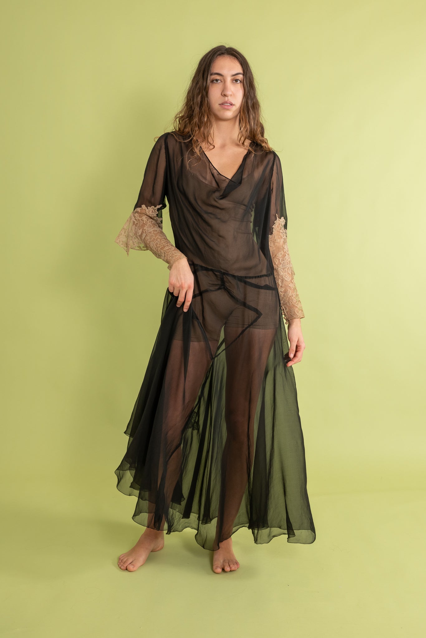 1930s Silk Chiffon Lace Appliqué Wing Sleeve Gown [med/lrg/xl]