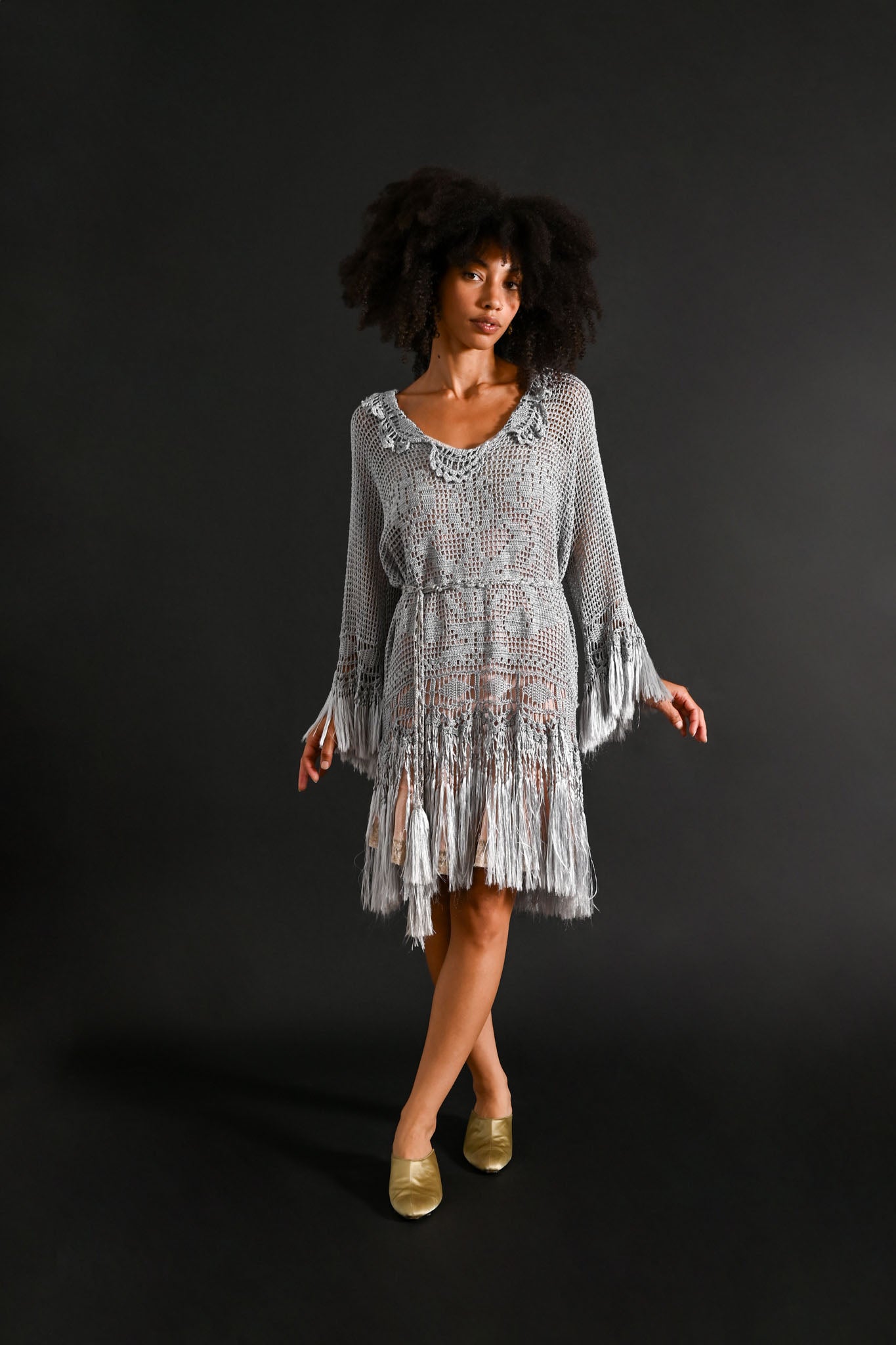 1920s Ice Blue Crochet Fringe Tunic [sm/med/lrg]