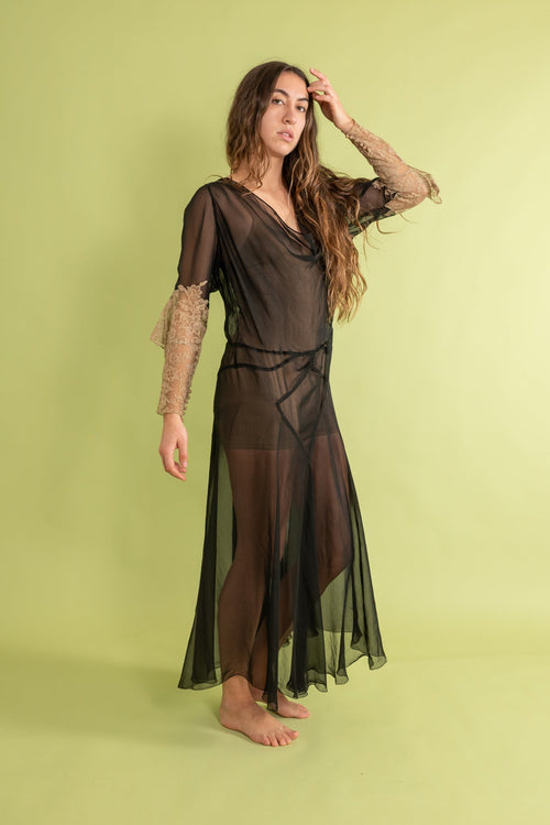 1930s Silk Chiffon Lace Appliqué Wing Sleeve Gown [med/lrg/xl]