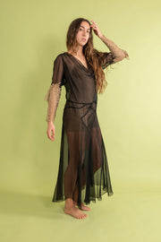 1930s Silk Chiffon Lace Appliqué Wing Sleeve Gown [med/lrg/xl]