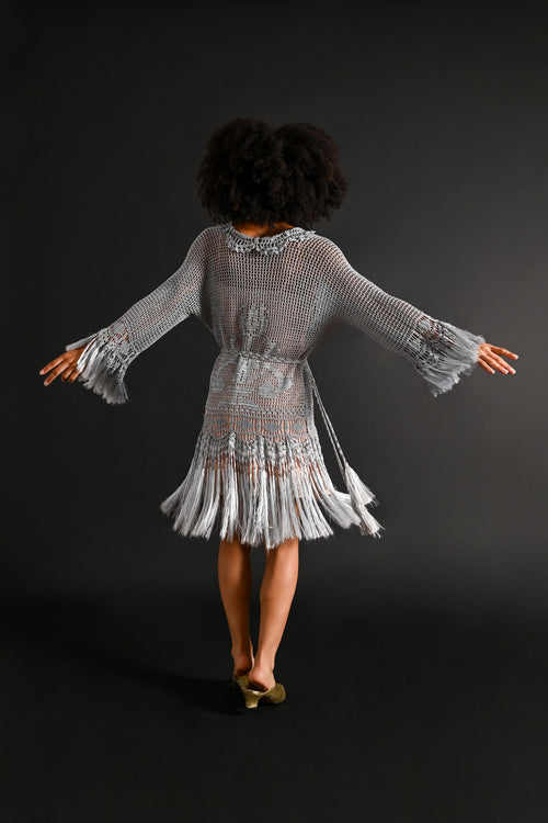 1920s Ice Blue Crochet Fringe Tunic [sm/med/lrg]