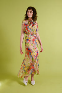 1930s Rainbow Hydrangea Silk Chiffon Gown [xs/sm]