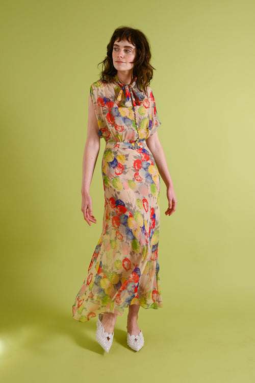 1930s Rainbow Hydrangea Silk Chiffon Gown [xs/sm]
