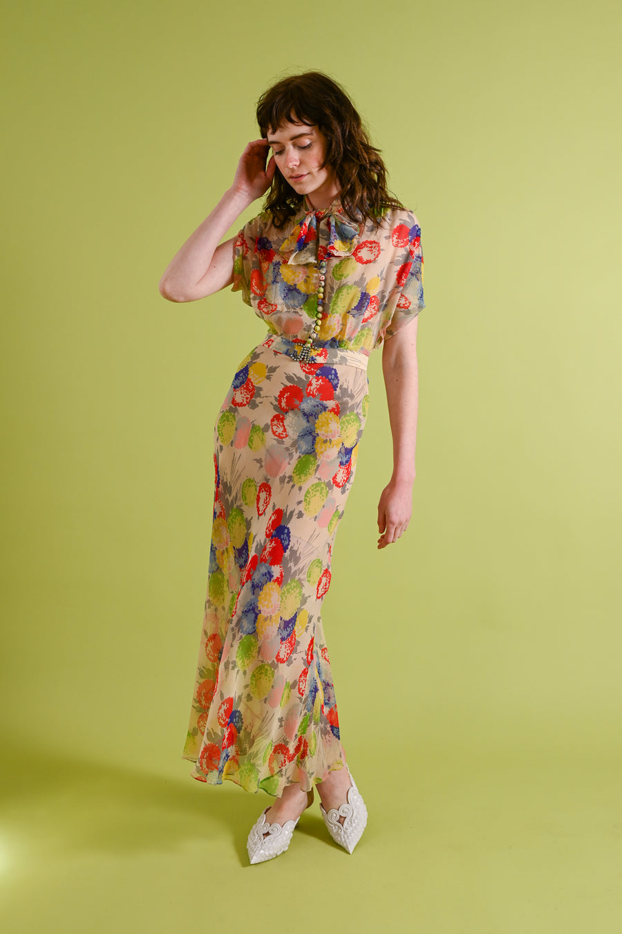 1930s Rainbow Hydrangea Silk Chiffon Gown [xs/sm]