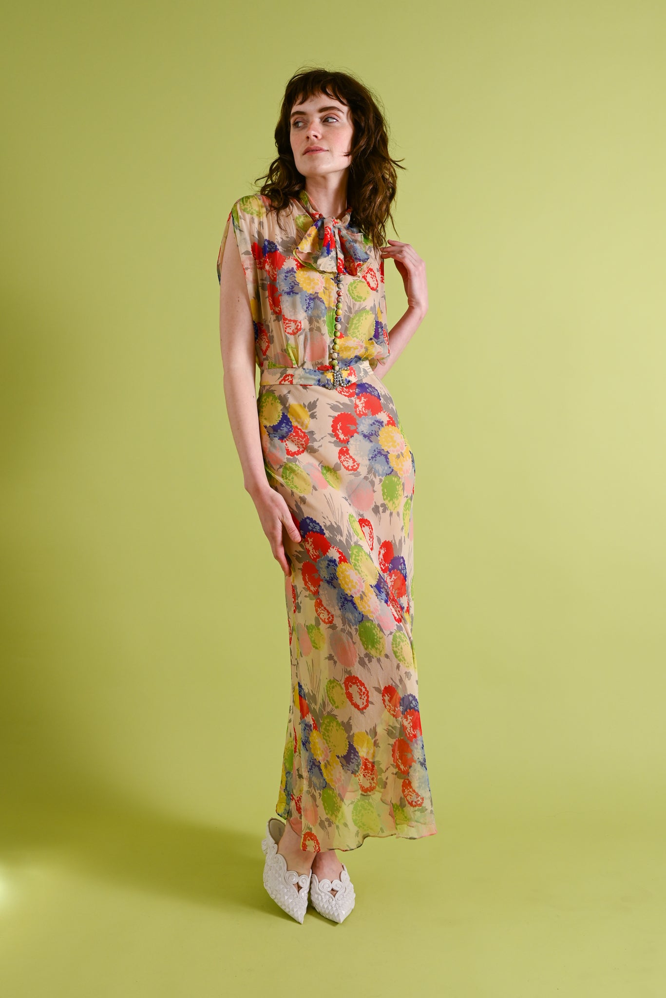 1930s Rainbow Hydrangea Silk Chiffon Gown [xs/sm]