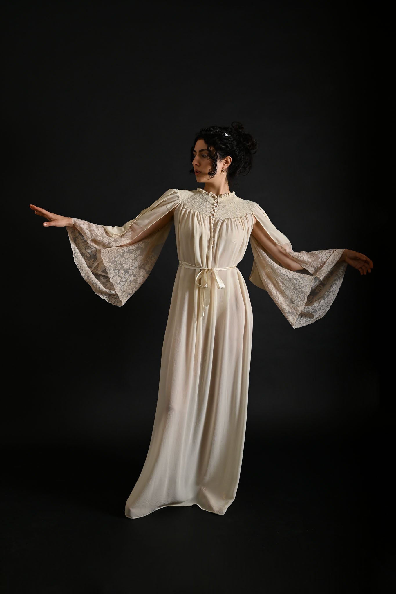 1930s Silk Georgette Kimono Sleeve Gown