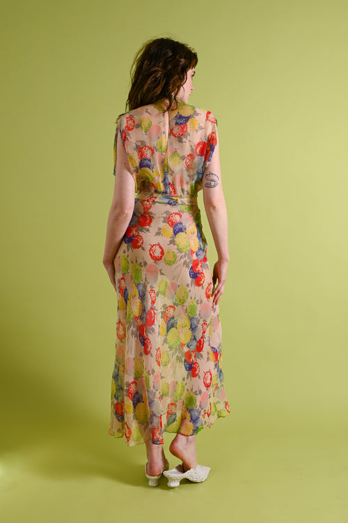 1930s Rainbow Hydrangea Silk Chiffon Gown [xs/sm]