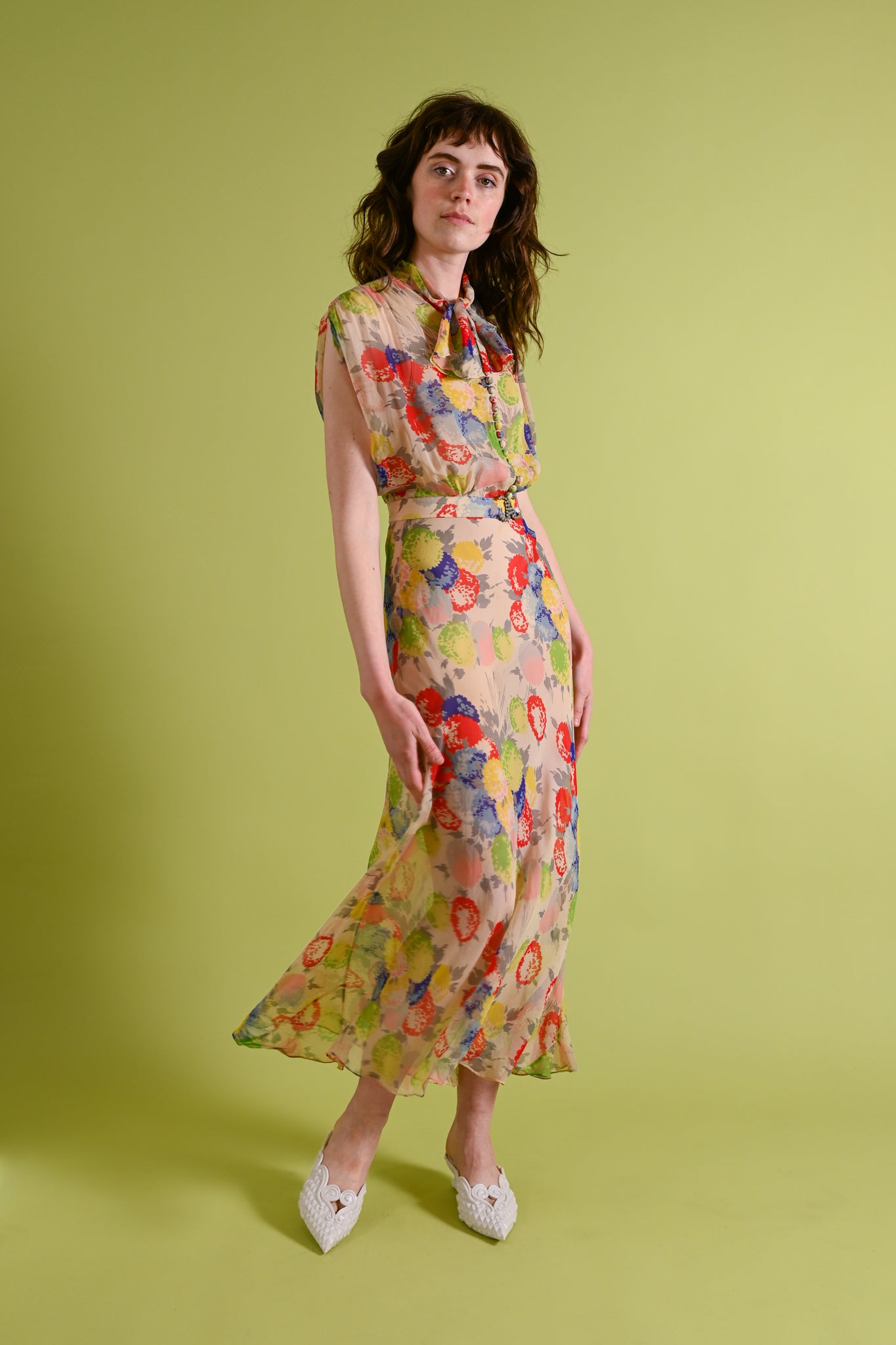 1930s Rainbow Hydrangea Silk Chiffon Gown [xs/sm]