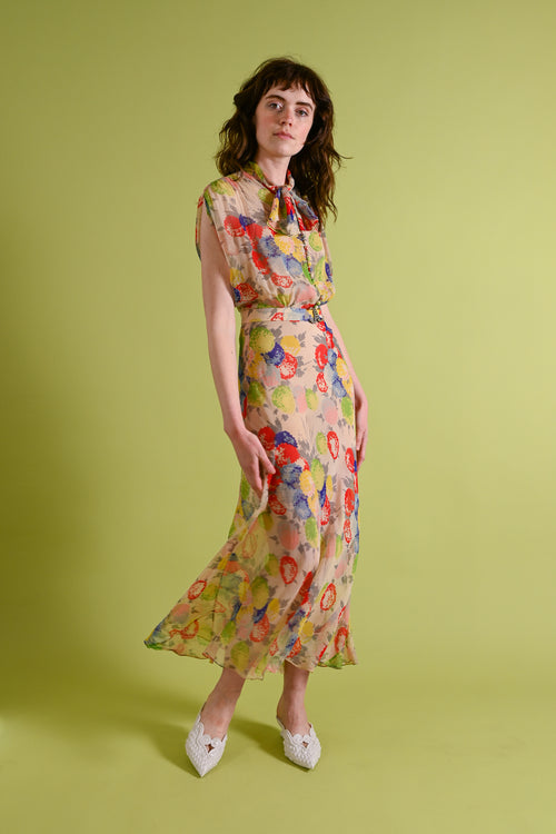 1930s Rainbow Hydrangea Silk Chiffon Gown [xs/sm]