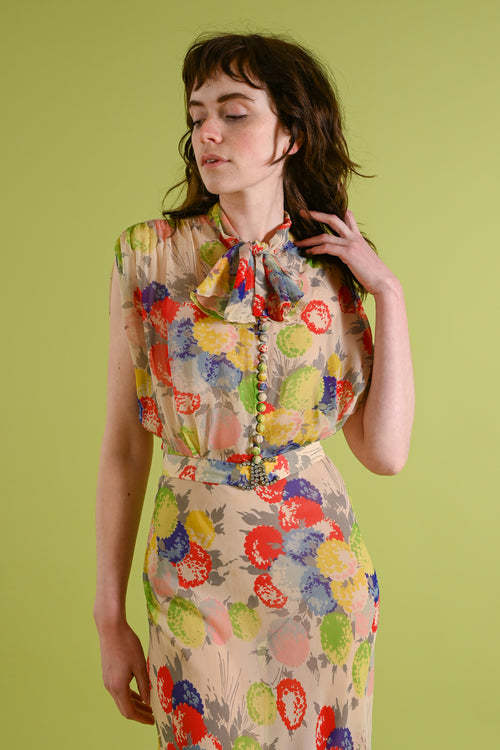 1930s Rainbow Hydrangea Silk Chiffon Gown [xs/sm]