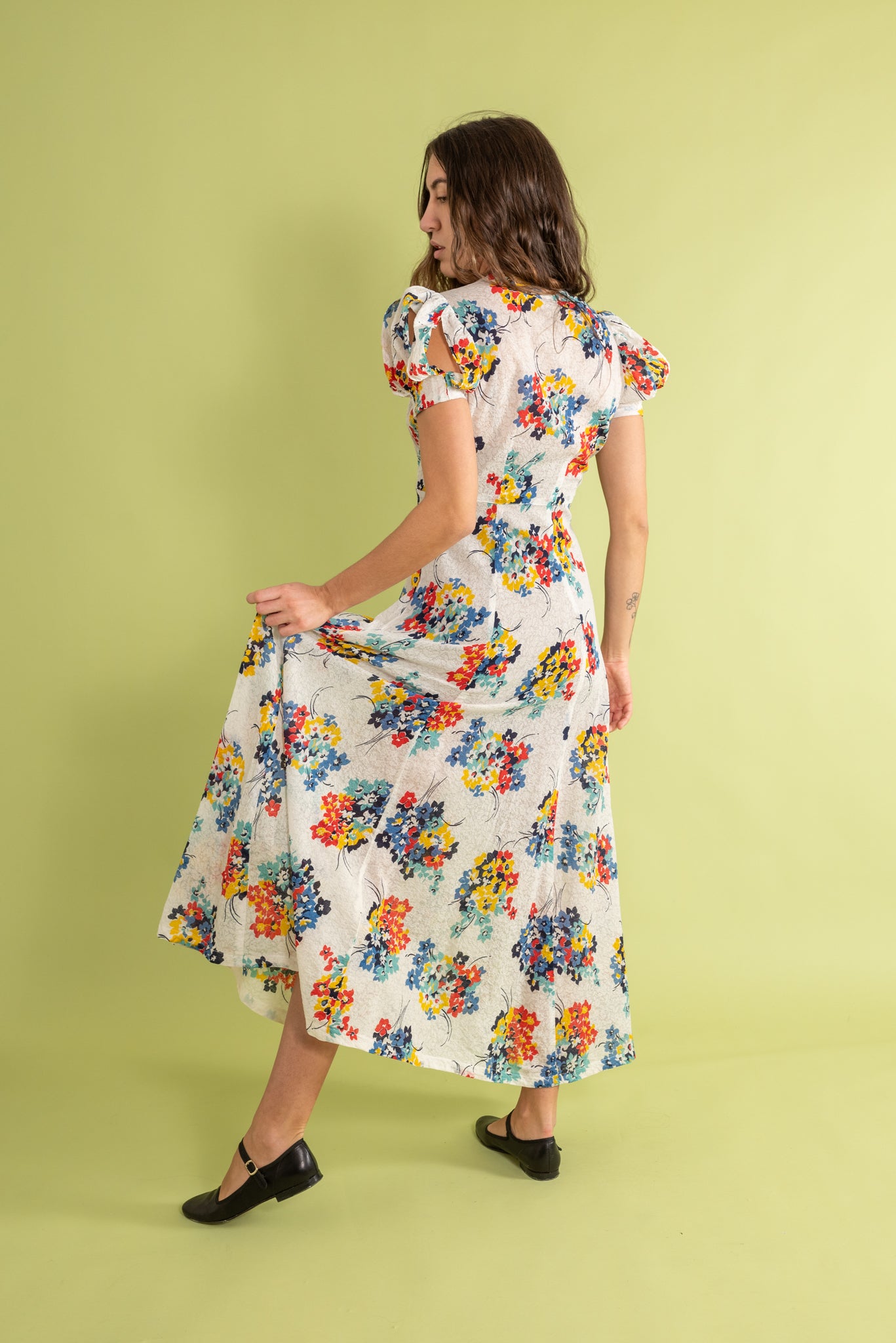 1930s Floral Voile Cage Sleeve Gown [xs/sm]