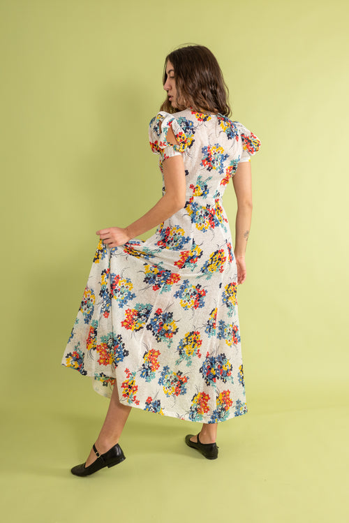 1930s Floral Voile Cage Sleeve Gown [xs/sm]