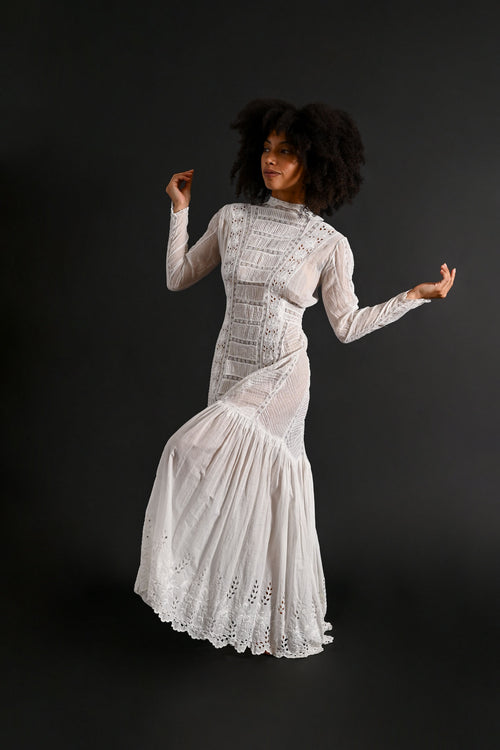 1900s Pintucked Embroidered Lawn Gown [xs/sm]