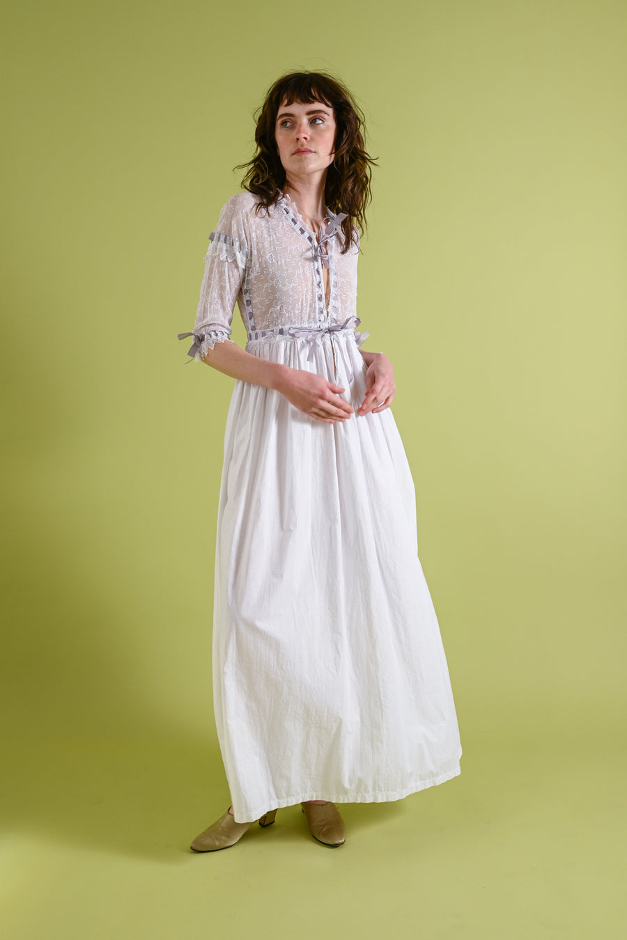 1910s Cotton Lace Dressing Gown with Silk Ribbons [xs/sm/med]