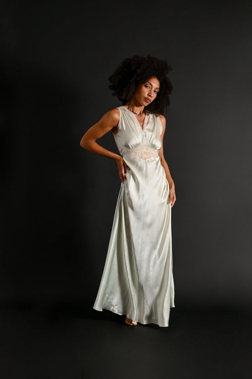 1930s Seafoam Blue Silk + Lace Gown [xs/sm]
