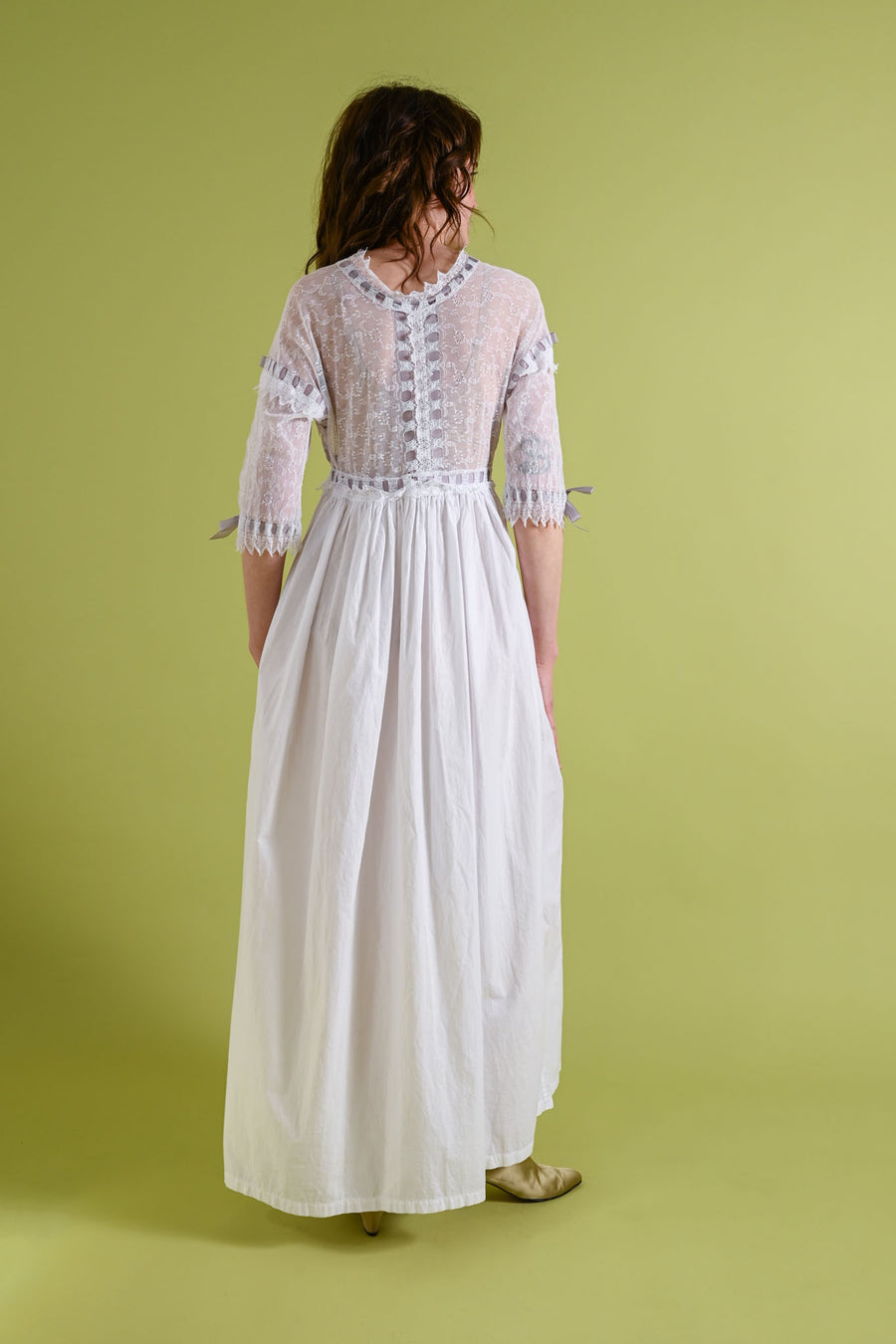 1910s Cotton Lace Dressing Gown with Silk Ribbons [xs/sm/med]