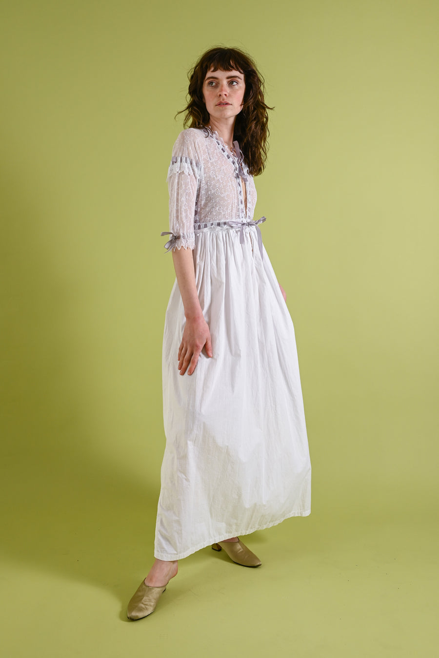 1910s Cotton Lace Dressing Gown with Silk Ribbons [xs/sm/med]