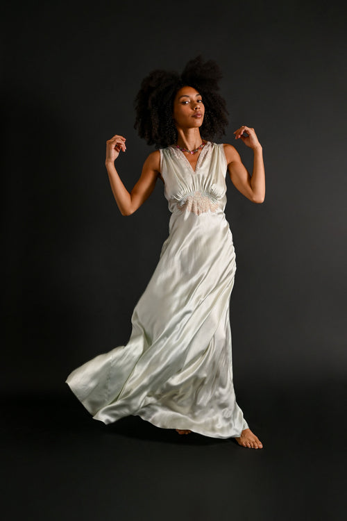 1930s Seafoam Blue Silk + Lace Gown [xs/sm]