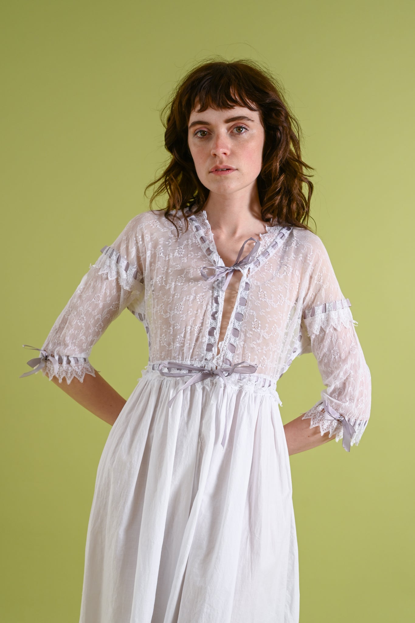 1910s Cotton Lace Dressing Gown with Silk Ribbons [xs/sm/med]