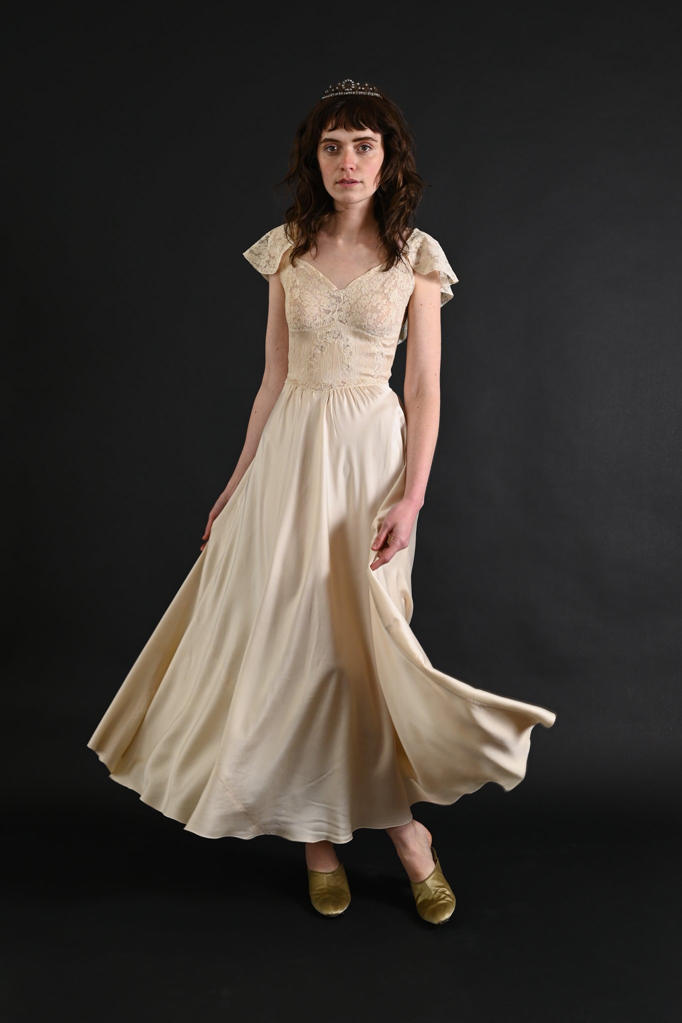 1930s Ivory Pintucked Silk and French Lace Gown [xs/sm]