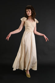1930s Ivory Pintucked Silk and French Lace Gown [xs/sm]