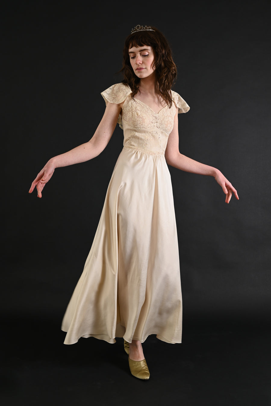 1930s Ivory Pintucked Silk and French Lace Gown [xs/sm]